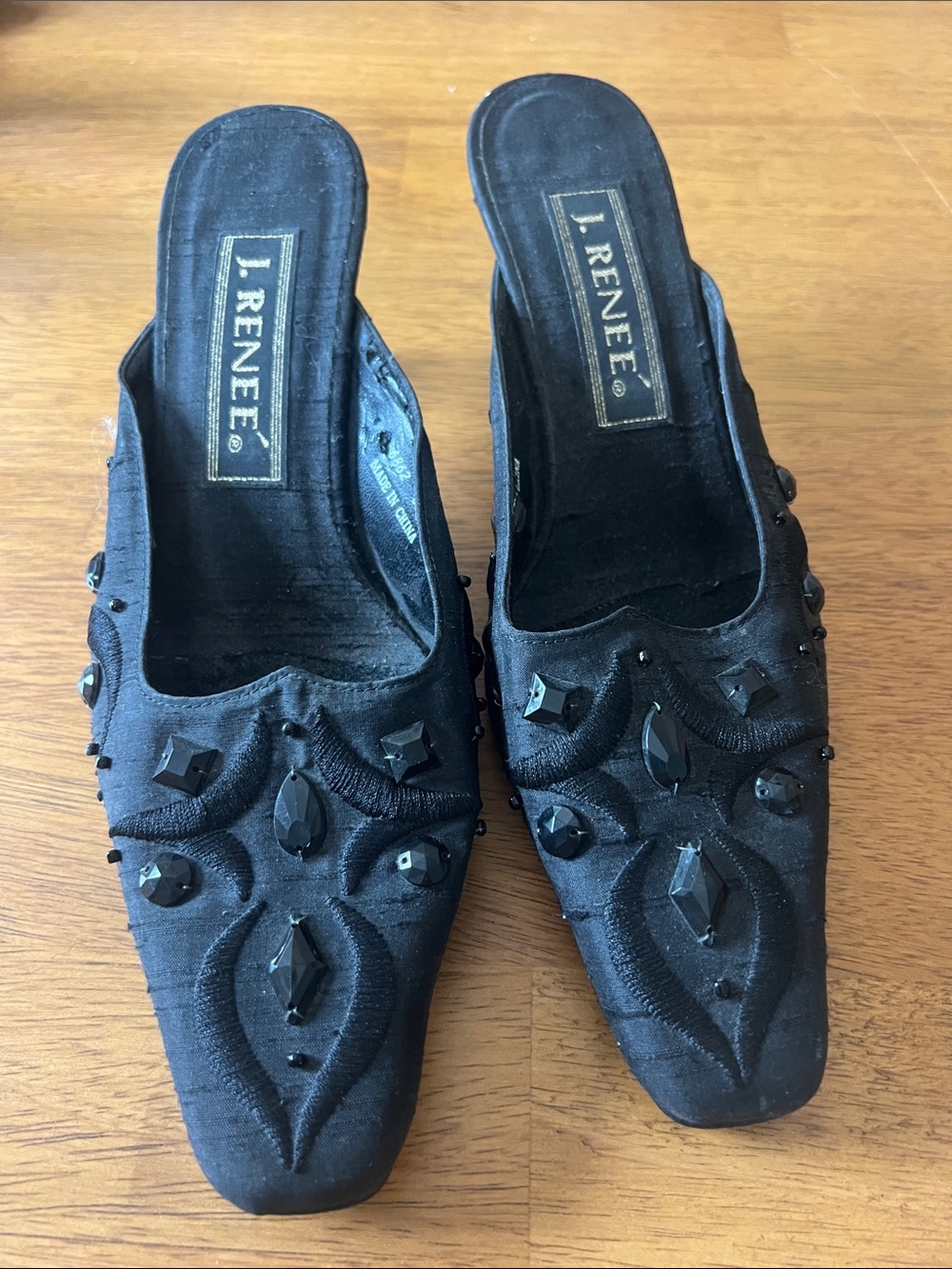 J.Renee Black Jeweled Pointed-Toe Slip-On Mules